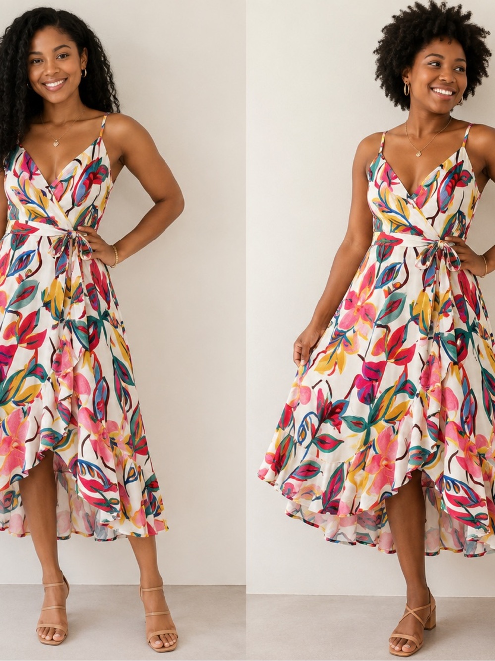 Bar lll Floral Colorful Beachy Summer Flirty Adjustable Straps Wrap Dress Sz L